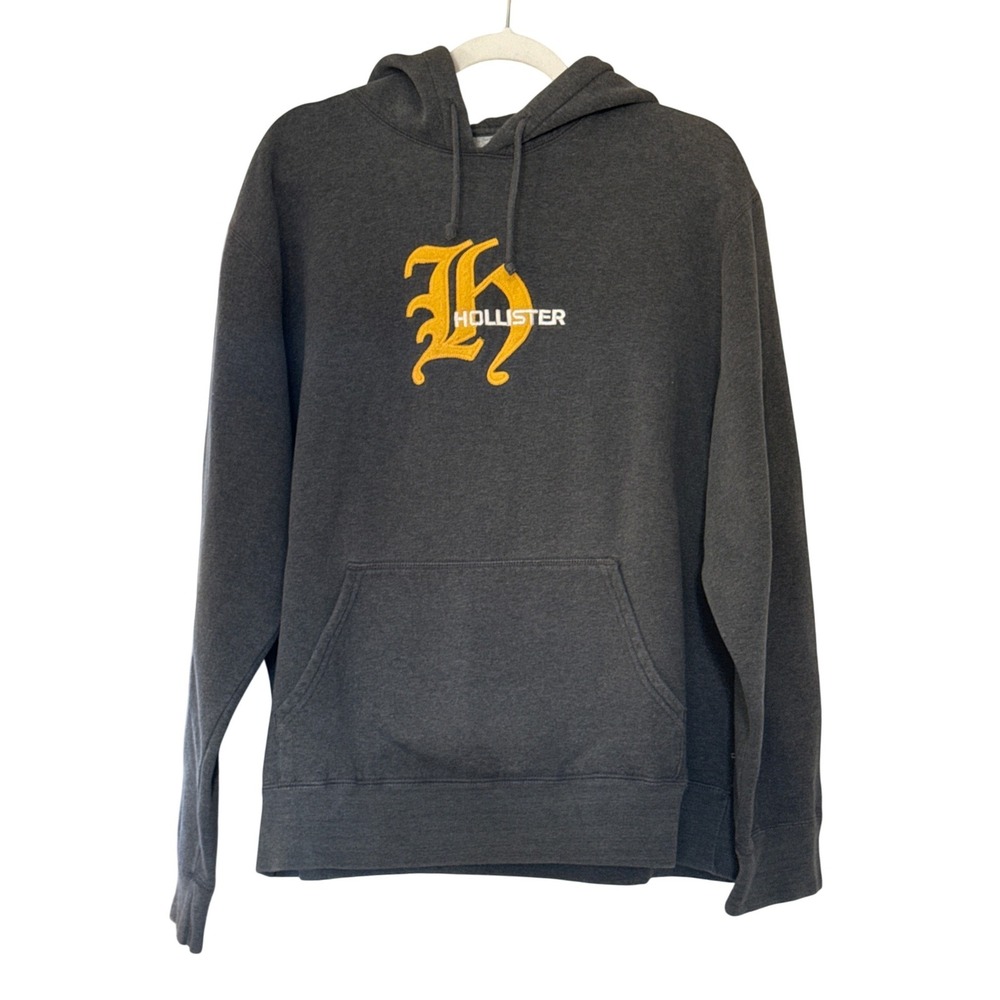 Hollister Mens Y2K Hoodie Embroidered H Logo Charcoal Grey Pullover Skater Large
